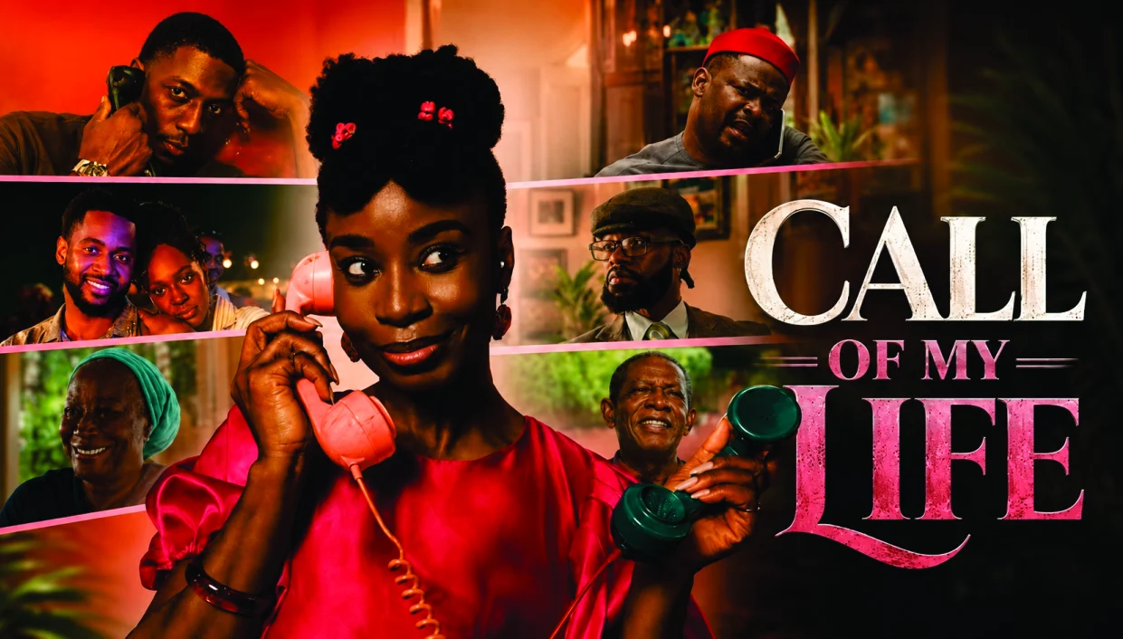 Call of My Life key art — Soluchi holding two telephone receivers, surrounded by the cast