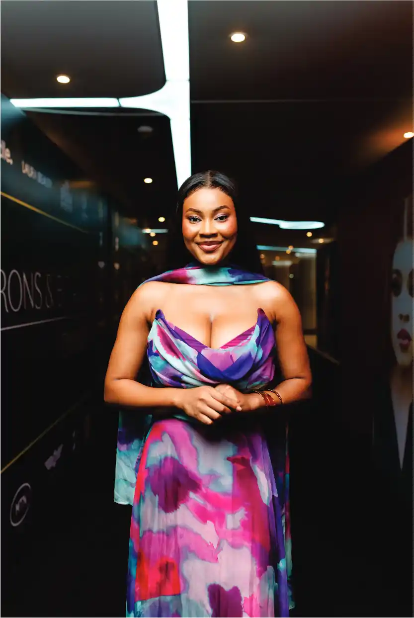 Woman in colorful wrap dress