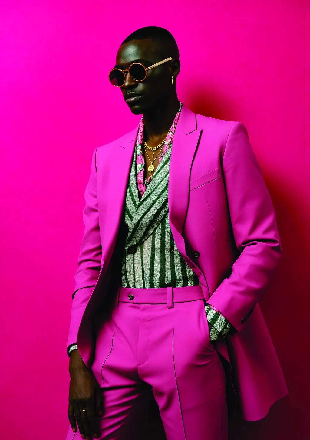 A man in a hot-pink suit, striped waistcoat and round sunglasses