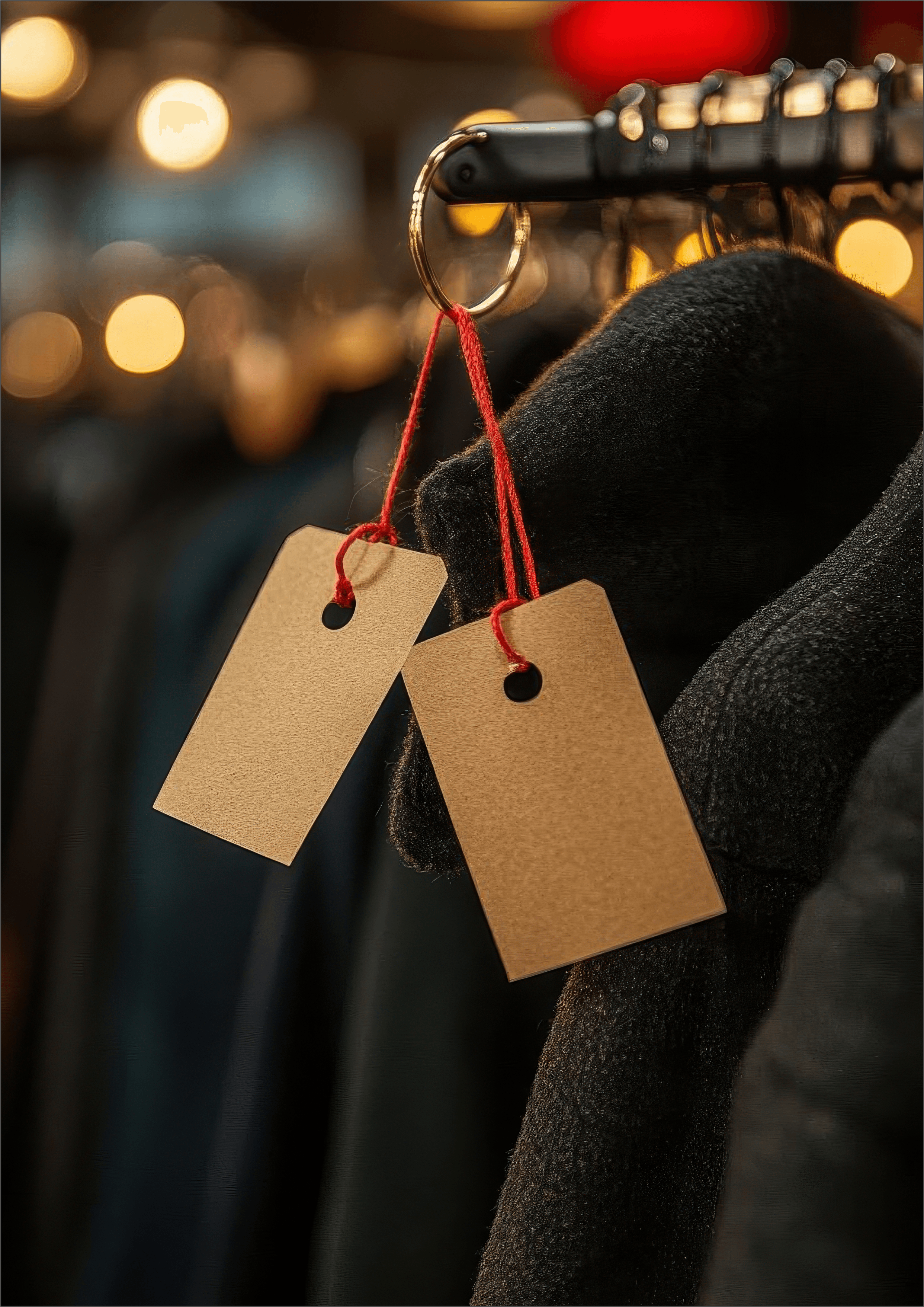 Clothes hanger with price tags in dark dramatic lighting