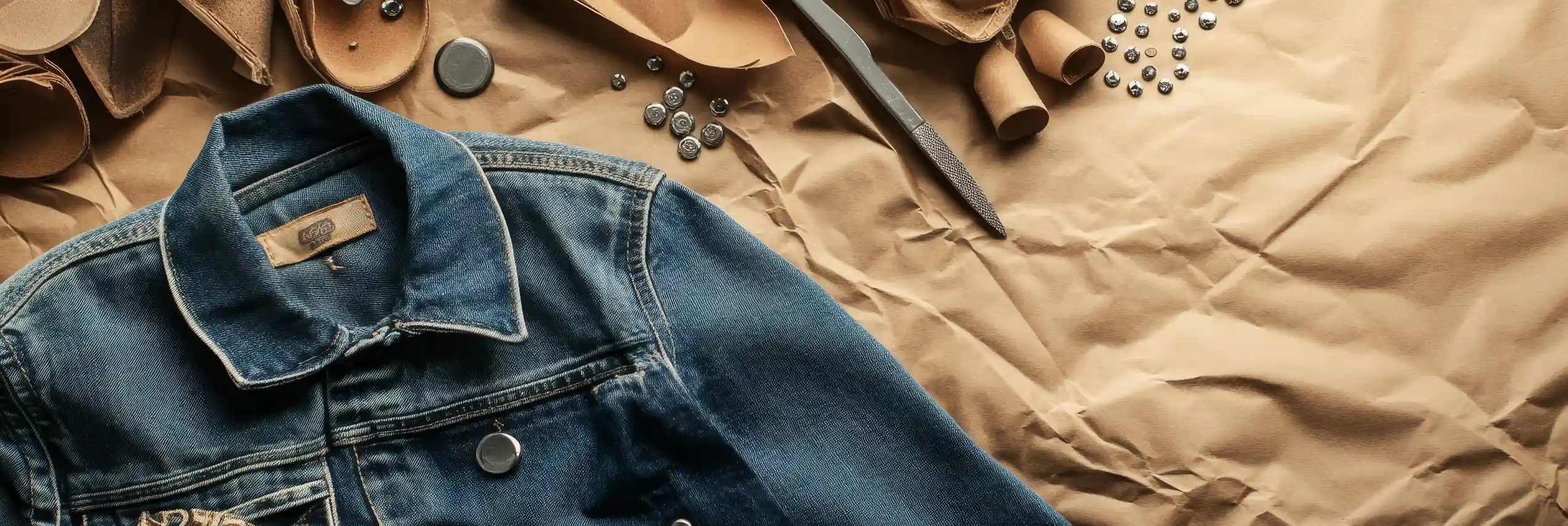 Denim jacket and craft supplies arranged on kraft paper — Tuntunre raw materials